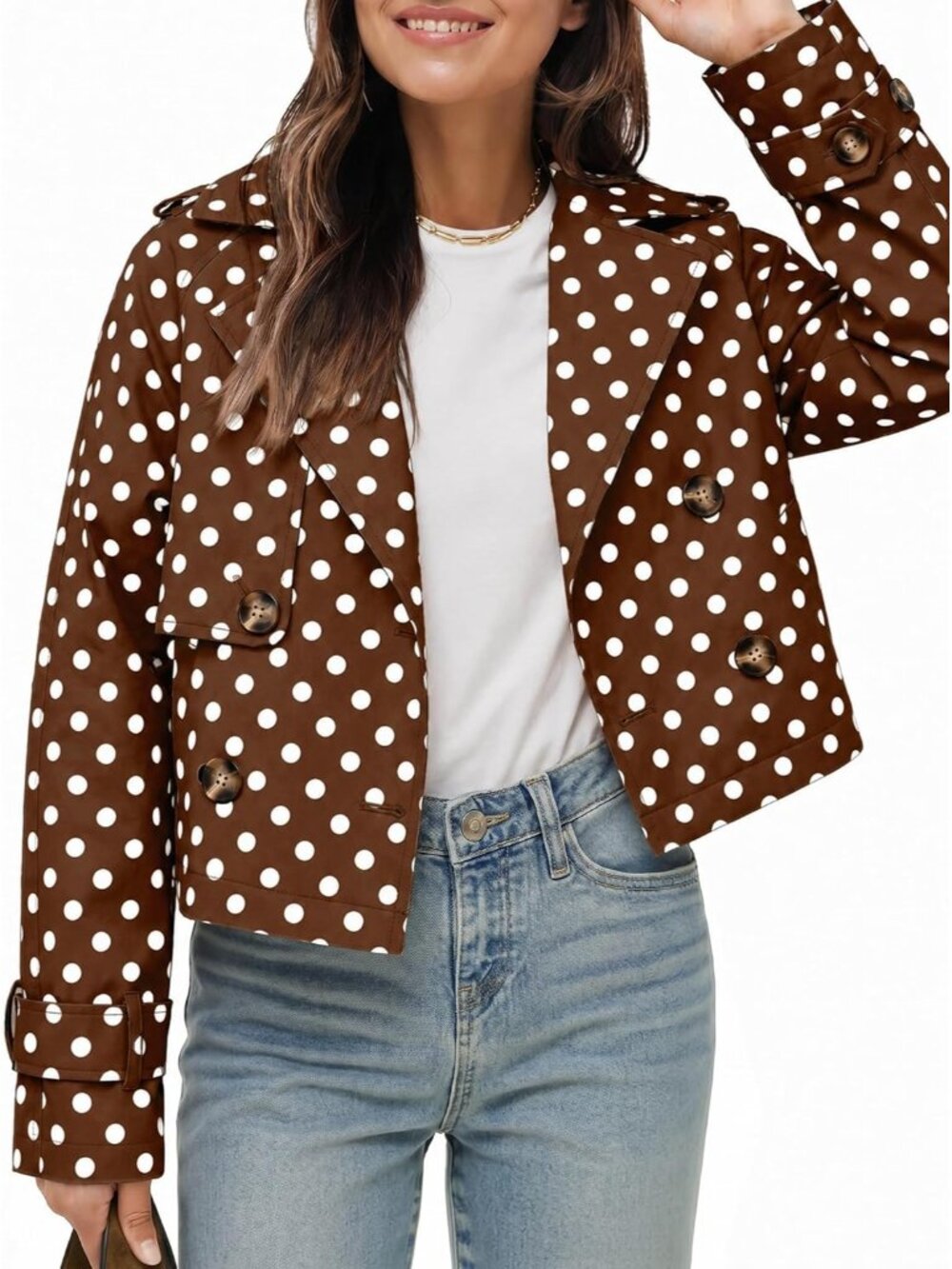Women Brown Cropped Polka Dot Double Breasted Oversized Lapel Collar Trench Coat